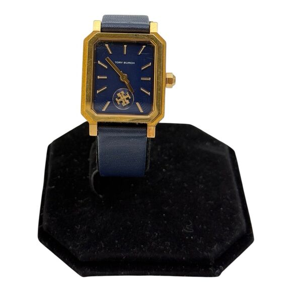 Tory Burch THE ROBINSON LEATHER STRAP WATCH, 28MM IN BLUE/ ROSE GOLD - Picture 1 of 6